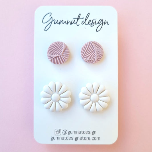 Dusty Pink and White Flower Studs